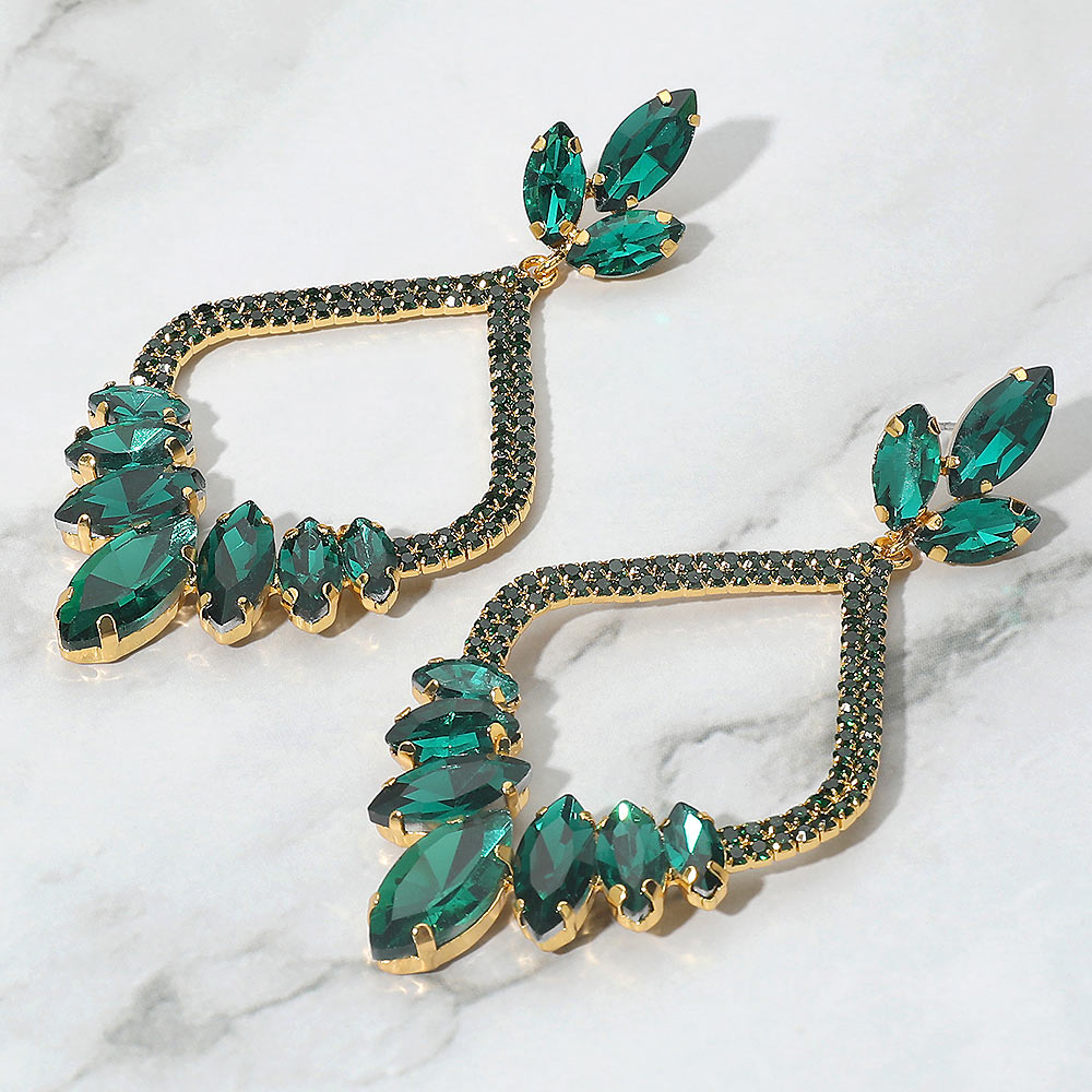 Emerald Marquise and Rhinestone Embellished Open Chandelier Pagant Earrings on Gold  | Dangle Earrings |  673127