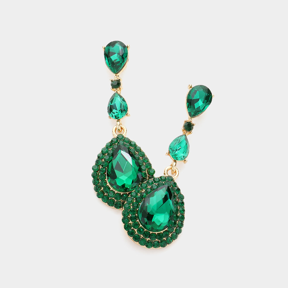 Emerald Triple Teardrop Pageant Earrings on Gold | Prom Earrings | 606416