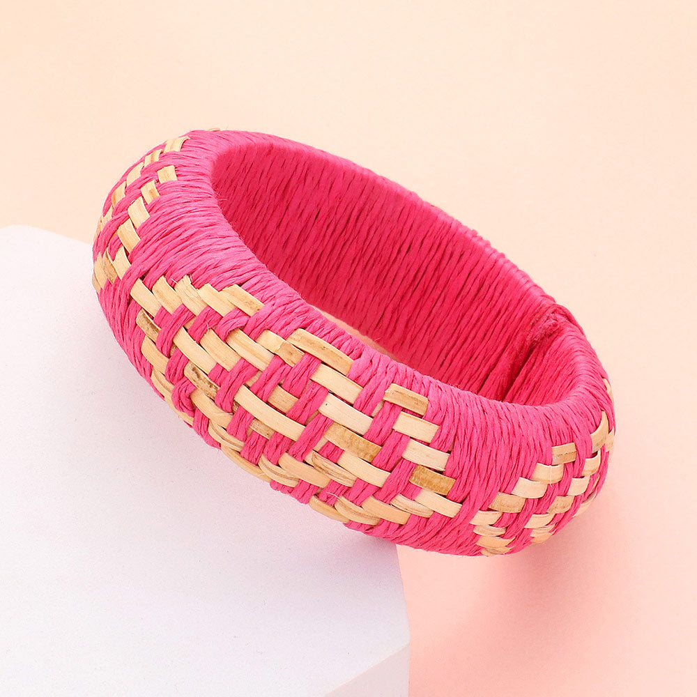 Neon Pink Raffia Weave Abstract Pattern Fun Fashion Bracelet | Runway Jewelry |  617009