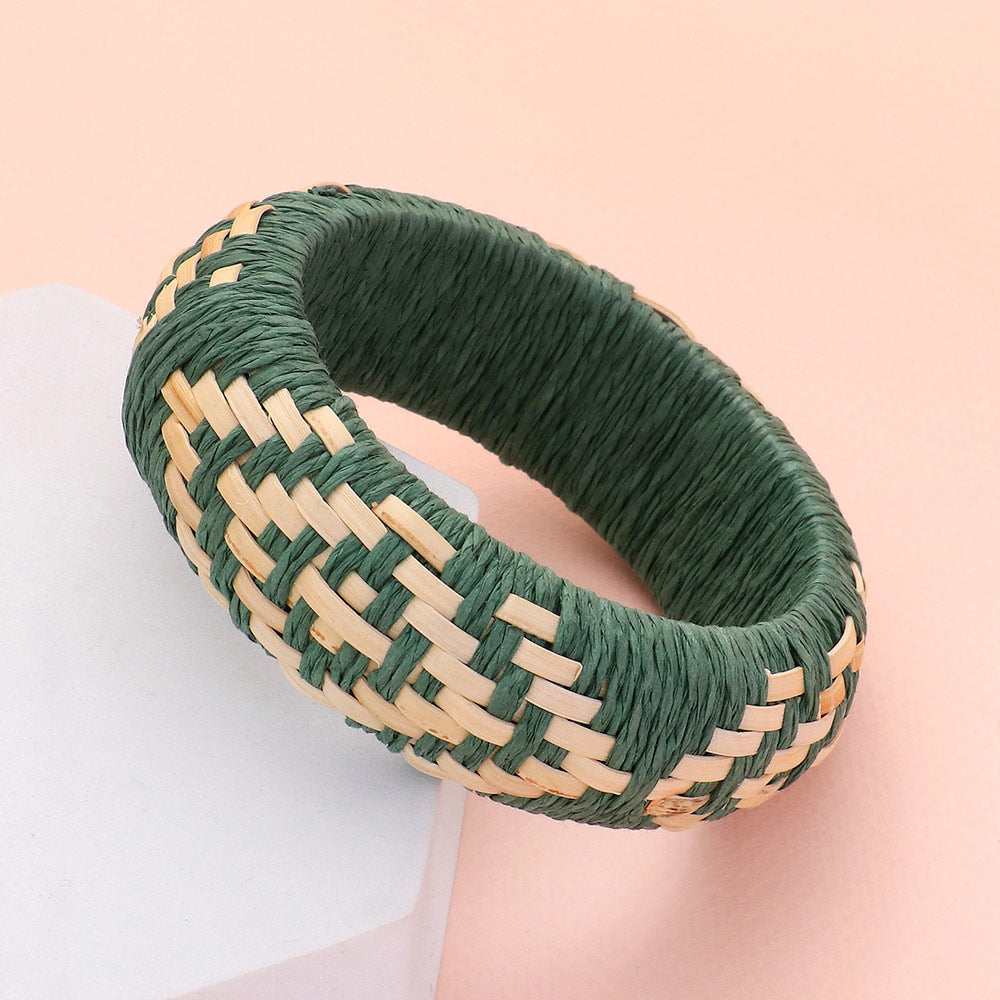 Green Raffia Weave Abstract Pattern Fun Fashion Bracelet | Runway Jewelry