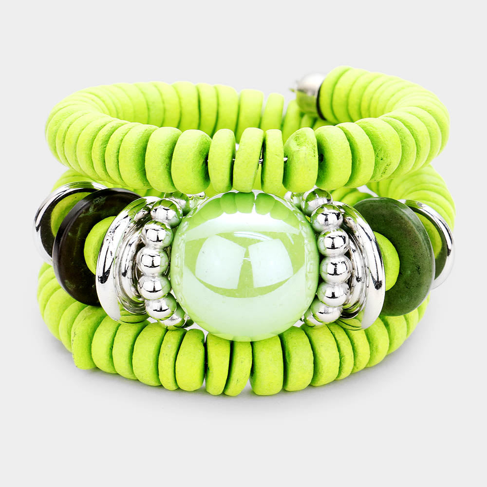 Green Resin Ball Wood Beaded Adjustable Fun Fashion Bracelet