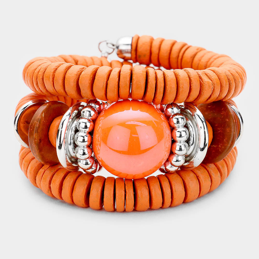 Orange Resin Ball Wood Beaded Adjustable Fun Fashion Bracelet