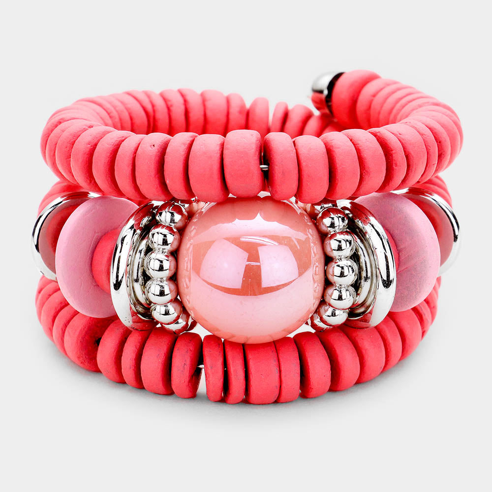 Pink Resin Ball Wood Beaded Adjustable Fun Fashion Bracelet