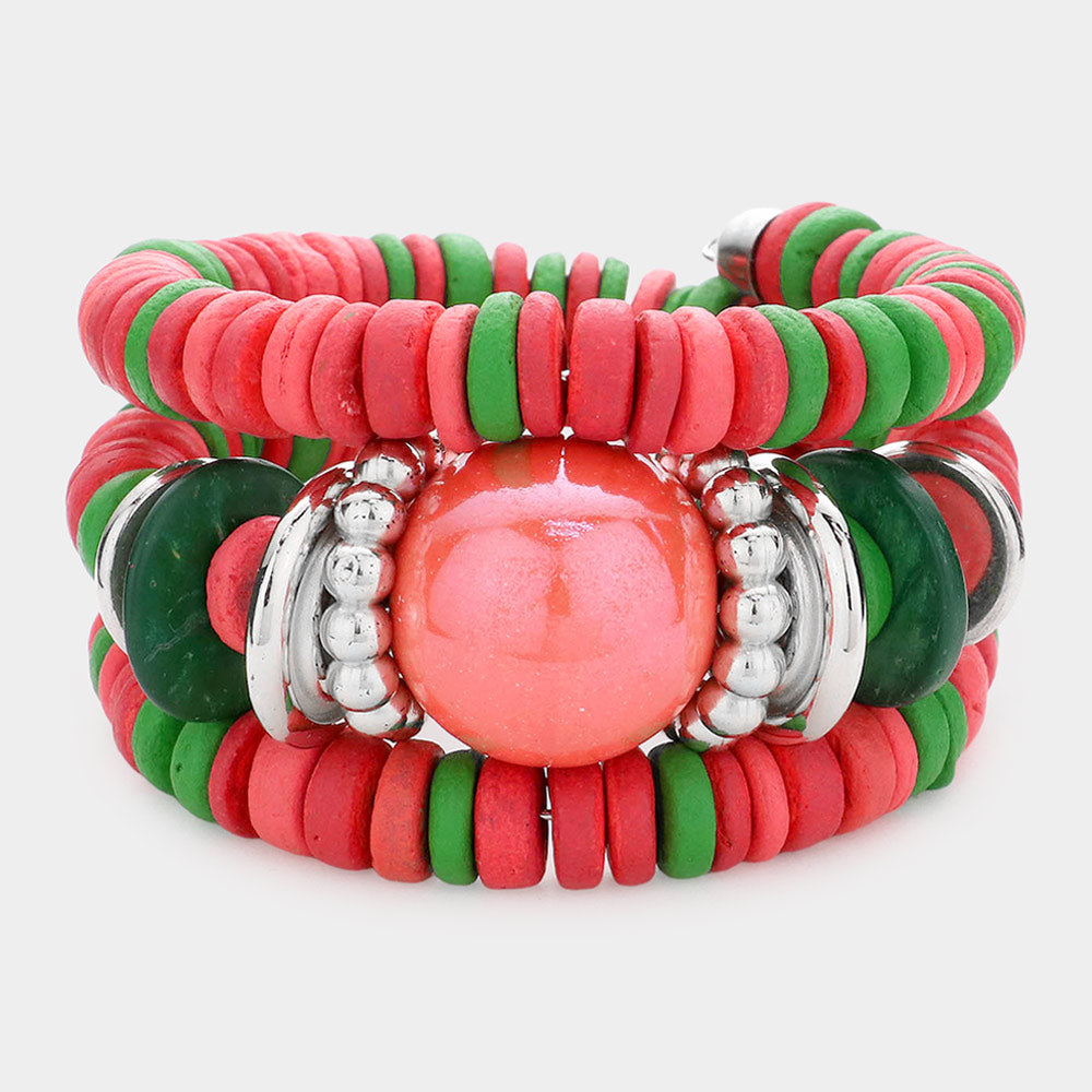 Pink & Green Resin Ball Wood Beaded Adjustable Fun Fashion Bracelet