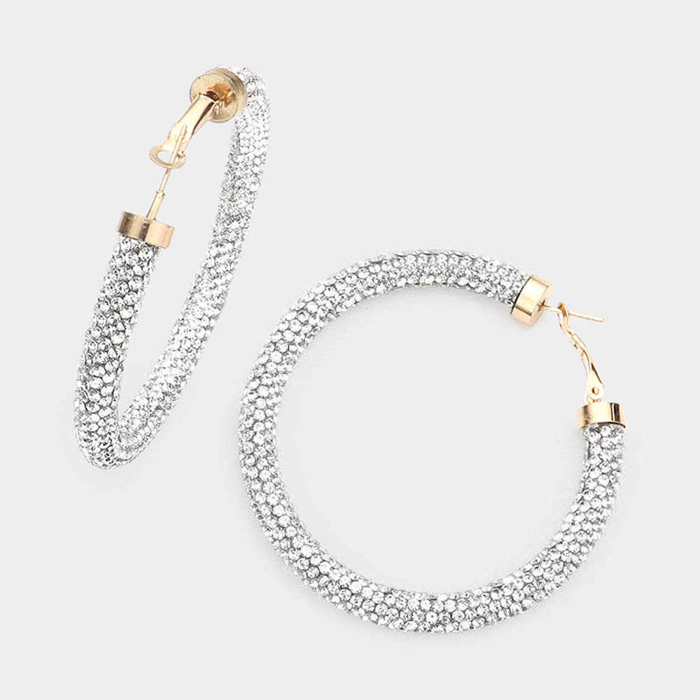 Clear Rhinestone Hoop Earrings on Gold | 2.5"