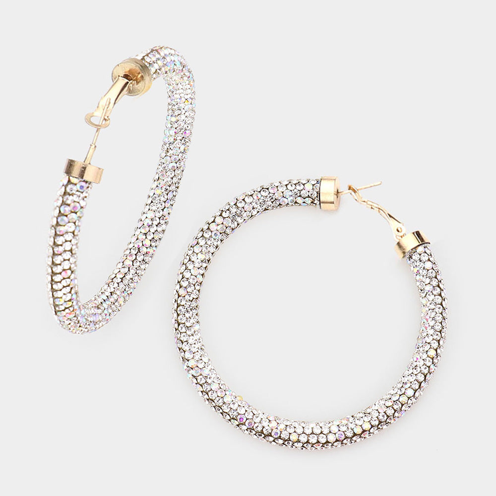 AB Rhinestone Half Hoop Earrings on Gold | 2.5"