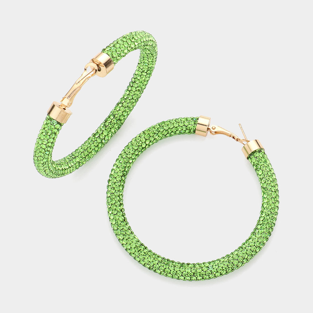 Light Green Rhinestone Hoop Earrings gold clasps 2.5" on white background