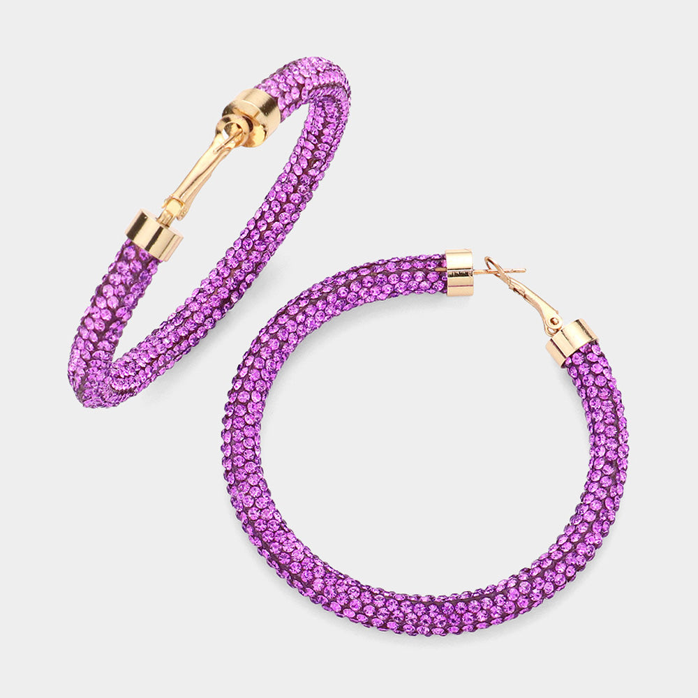 Violet Rhinestone Hoop Earrings gold clasps 2.5" on white background