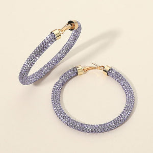 Violet Rhinestone Bling Studded Hoops on gold shown here on a light grey background