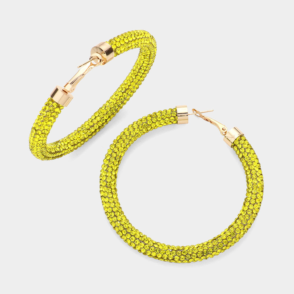 Yellow Rhinestone Hoop Earrings gold clasps on a white background  | 2.5" 