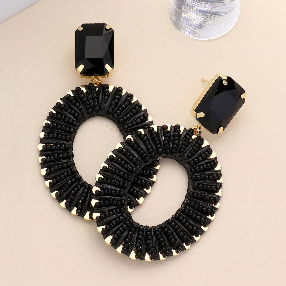Black Stone and Seed Bead Wrapped Open Oval Pageant Earrings | Fun Fashion Earrings