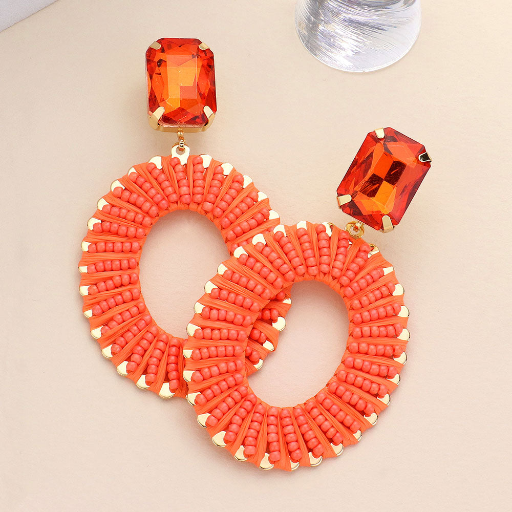 Orange Stone and Seed Bead Wrapped Open Oval Pageant Earrings | Fun Fashion Earrings