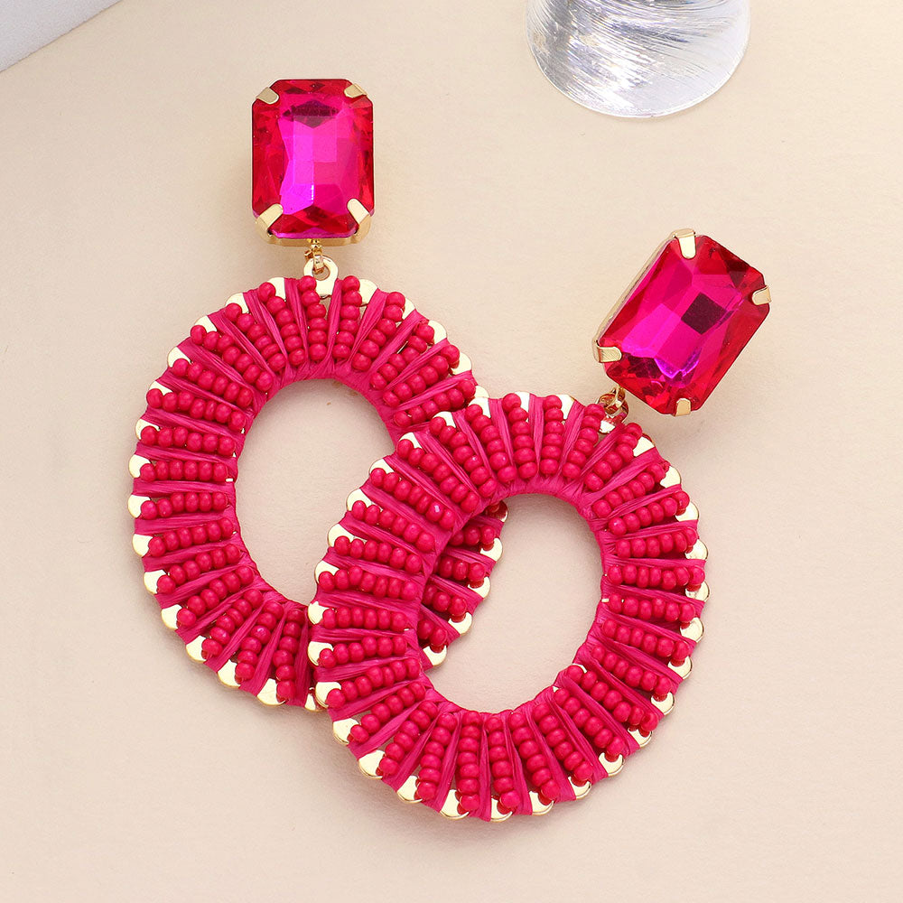 Fuchsia Stone and Seed Bead Wrapped Open Oval Pageant Earrings | Fun Fashion Earrings