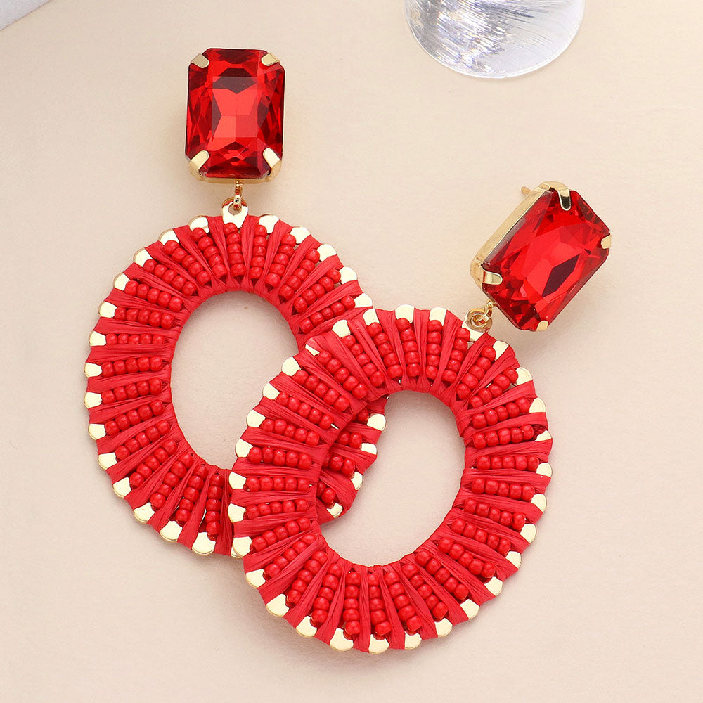 Red Stone and Seed Bead Wrapped Open Oval Pageant Earrings | Fun Fashion Earrings