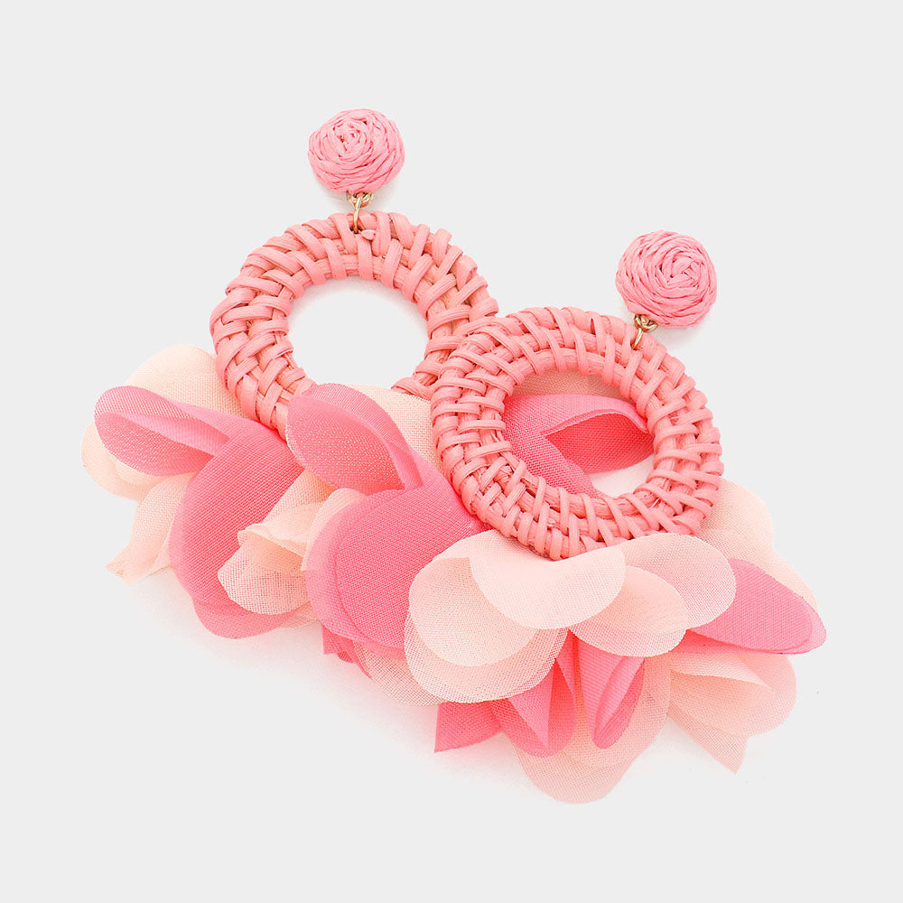 Pink Fabric and Raffia Round Dangle Pageant Earrings | Fun Fashion Earrings