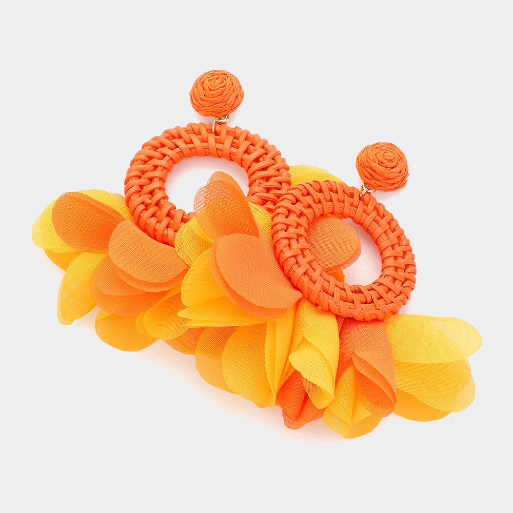 Orange Fabric and Raffia Round Dangle Pageant Earrings | Fun Fashion Earrings