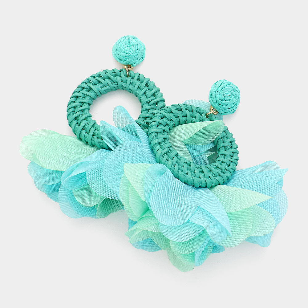 Turquoise Fabric and Raffia Round Dangle Pageant Earrings | Fun Fashion Earrings