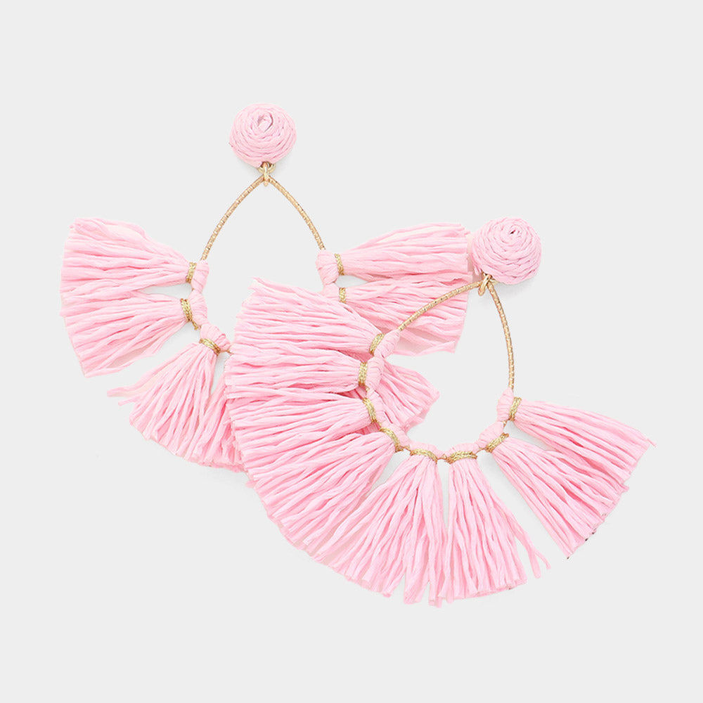 Pink Raffia Fringe Fan Fun Fashion Earrings | Headshot Earrings
