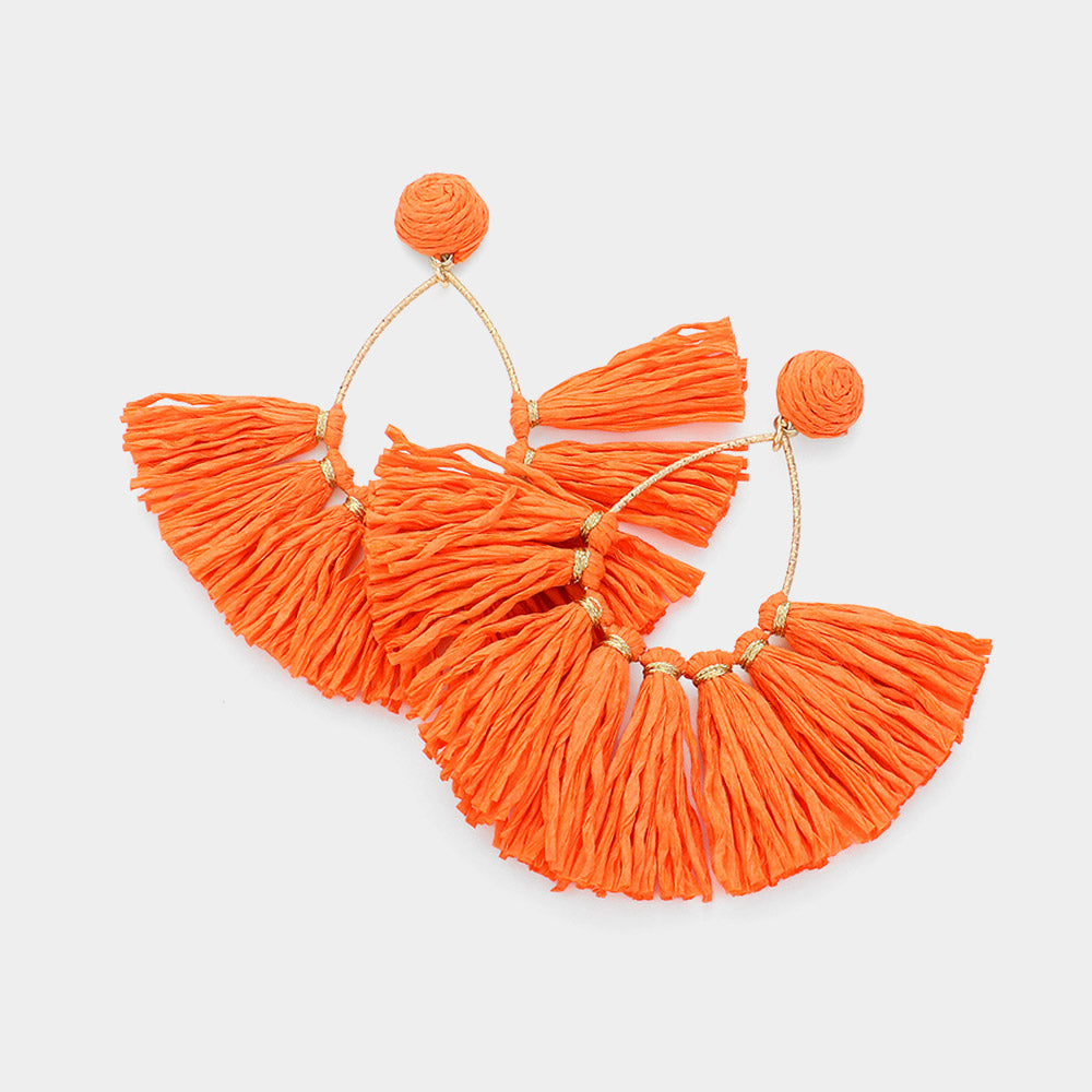 Orange Raffia Fringe Fan Fun Fashion Earrings | Headshot Earrings