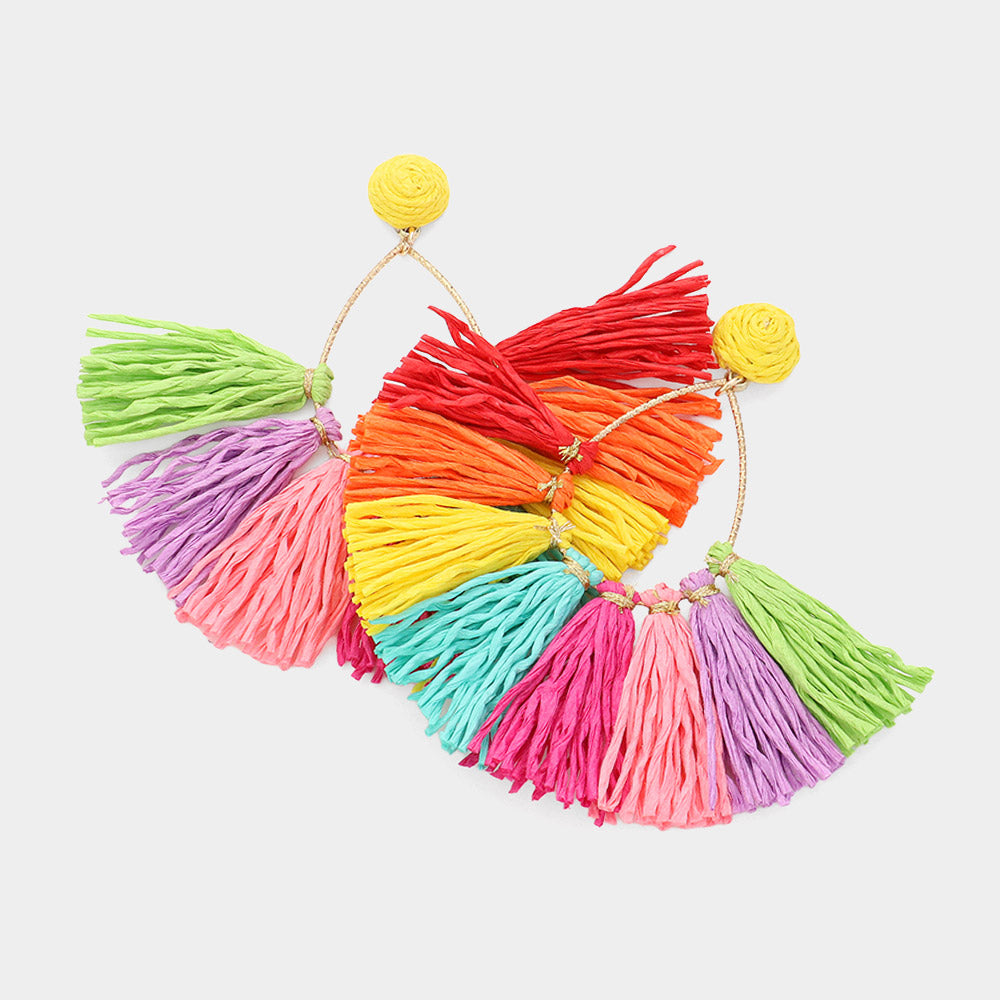 Multi-Color Raffia Fringe Fan Fun Fashion Earrings | Headshot Earrings