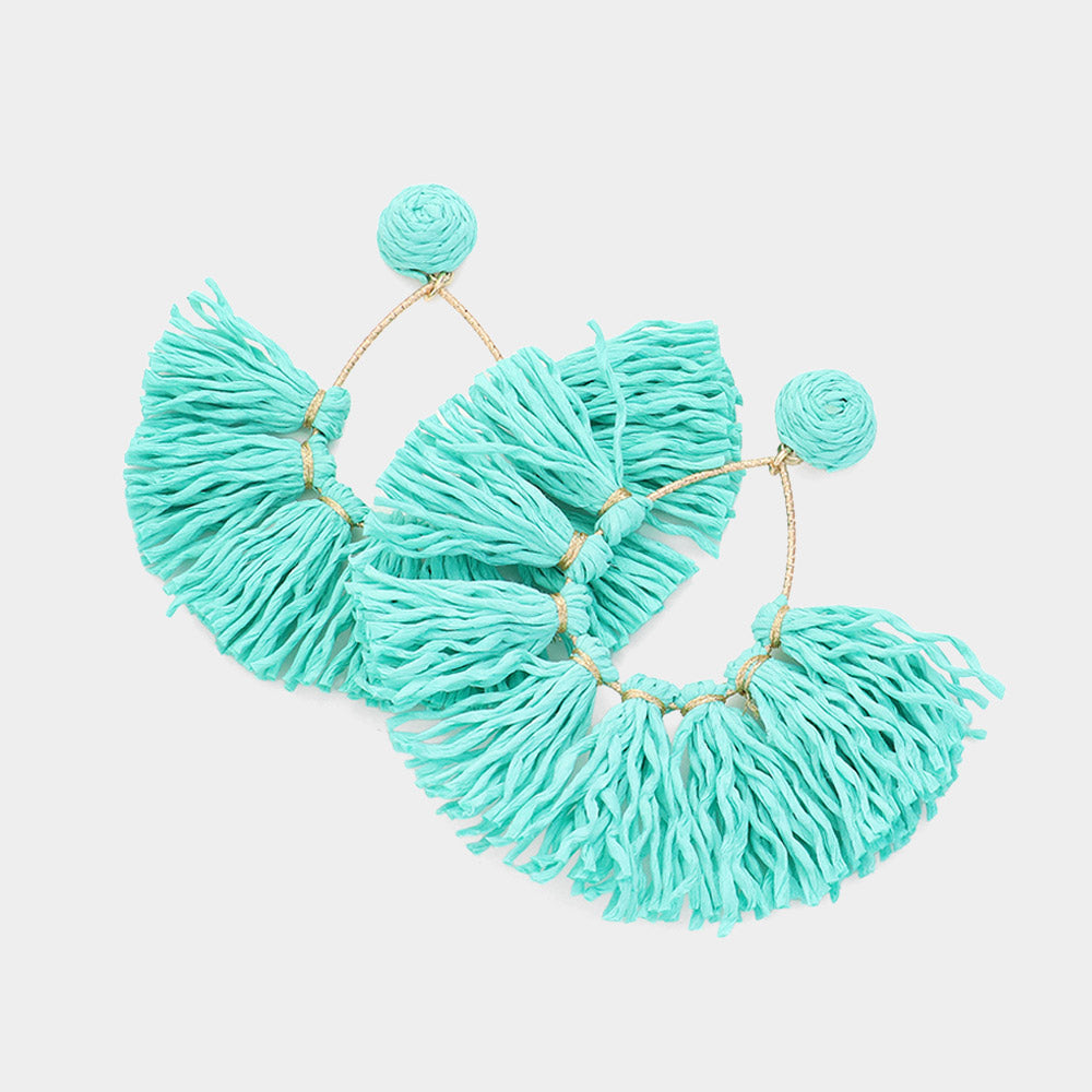 Turquoise Raffia Fringe Fan Fun Fashion Earrings | Headshot Earrings