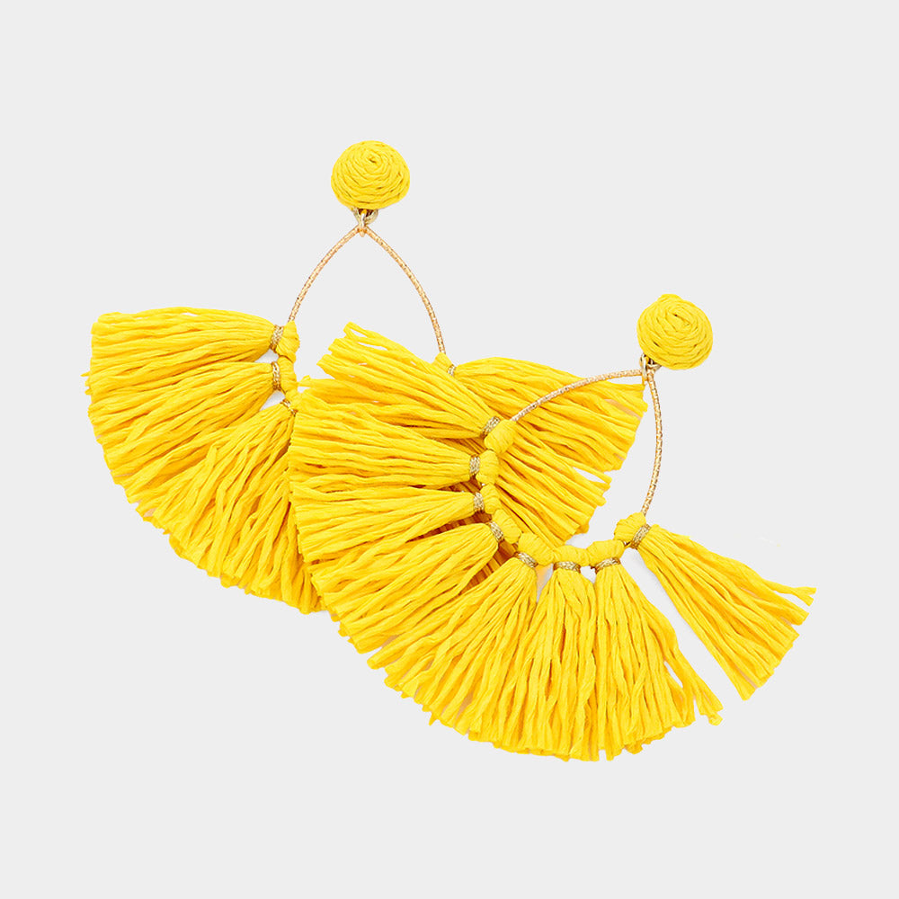 Yellow Raffia Fringe Fan Fun Fashion Earrings | Headshot Earrings