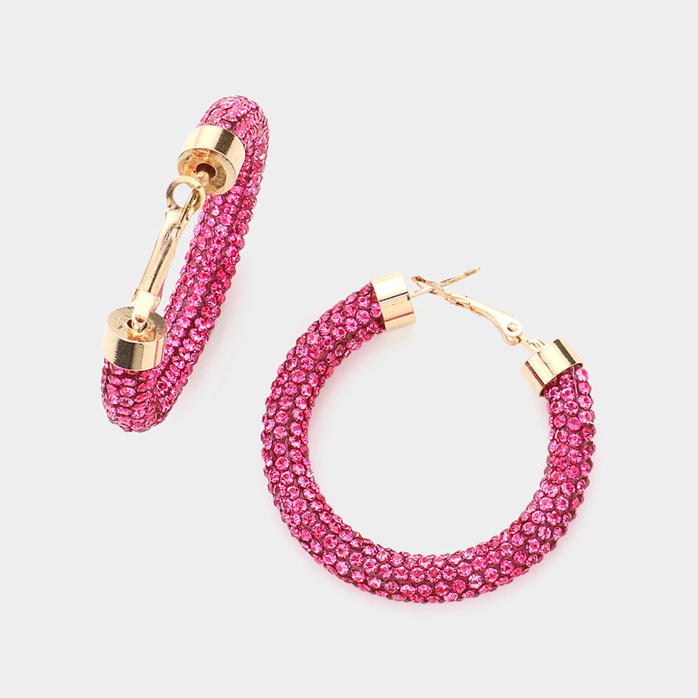 Pink Rhinestone Half Hoop Earring | 1.75"