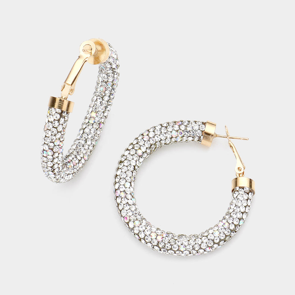 AB & Clear Rhinestone Half Hoop Earring on Gold | 1.75" | 487299