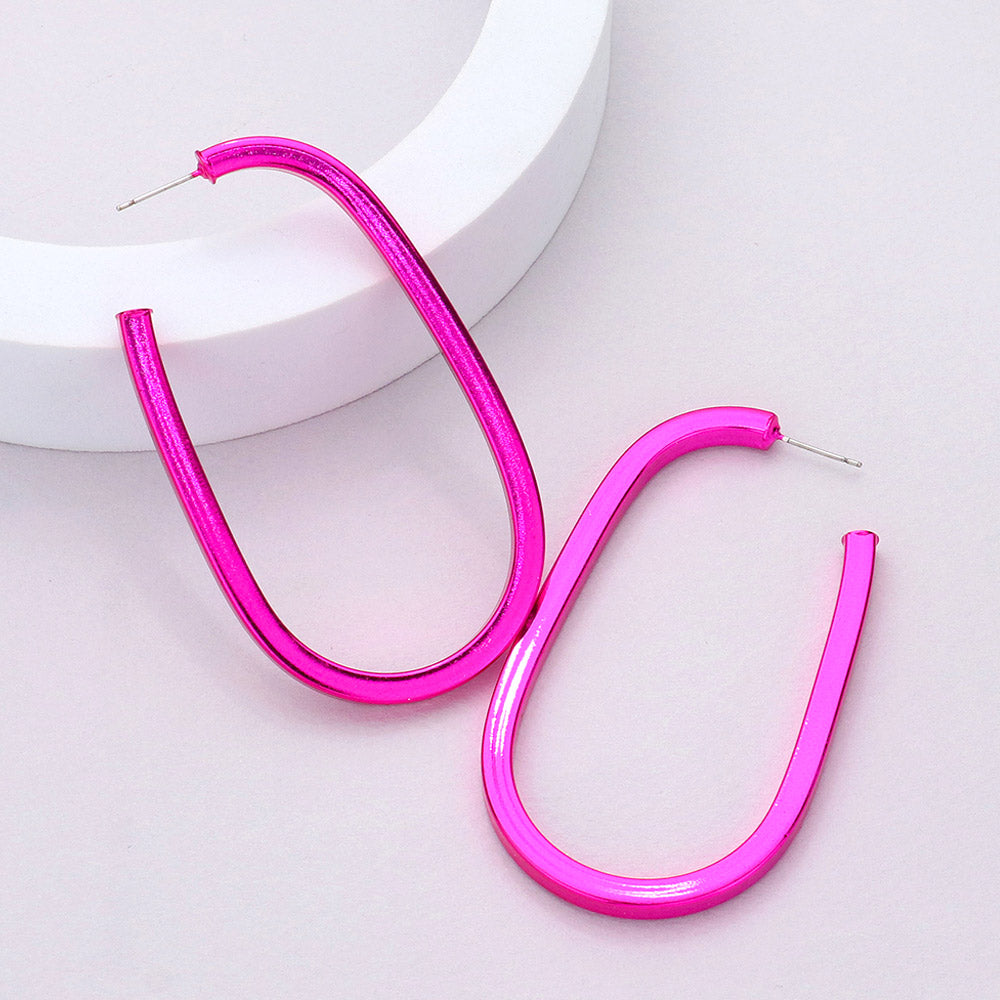 Hot Pink Elongated Hoop Earrings | 2.8" | Fun Fashion Earrings
