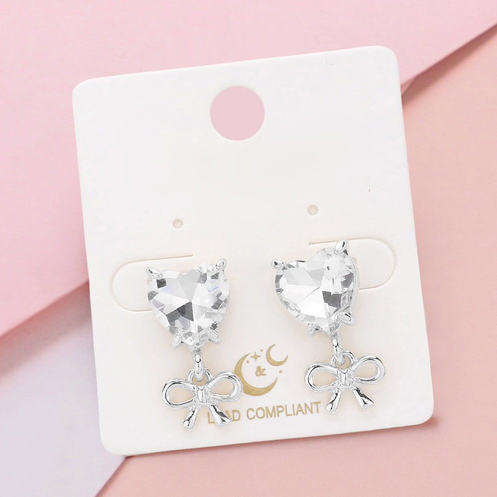 Clear Heart Stone and Metal Bow DanglClear Heart Stone and Metal Bow Dangle Pageant Earrings on Gold| Heart Earrings e Pageant Earrings | Heart Earrings
