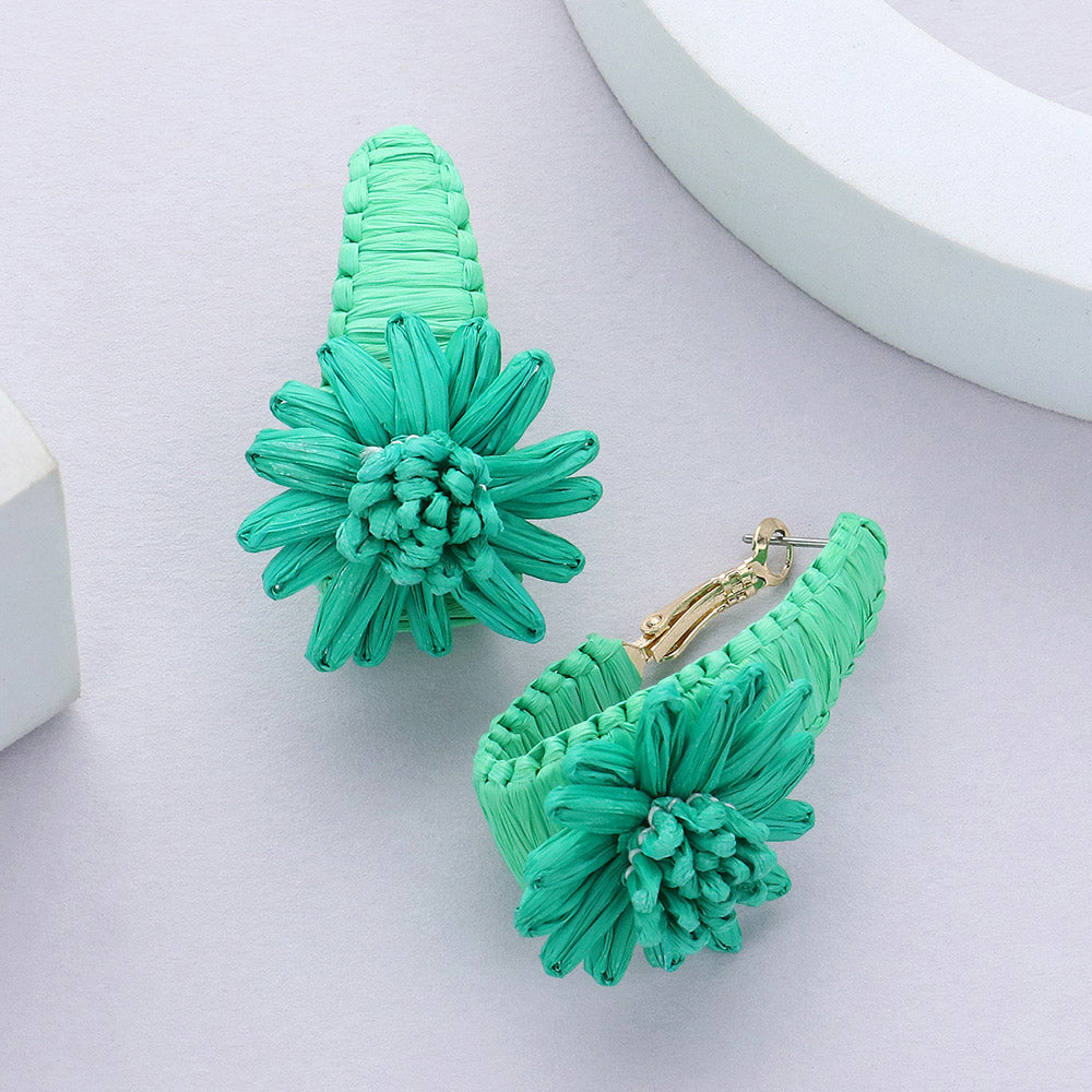 Green Raffia Wrapped Flower Fun Fashion Earrings | Outfit of Choice Earrings