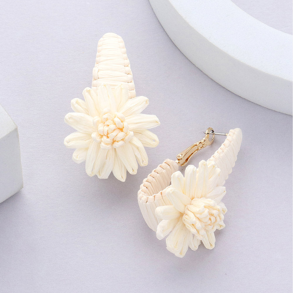 Ivory Raffia Wrapped Flower Fun Fashion Earrings | Outfit of Choice Earrings