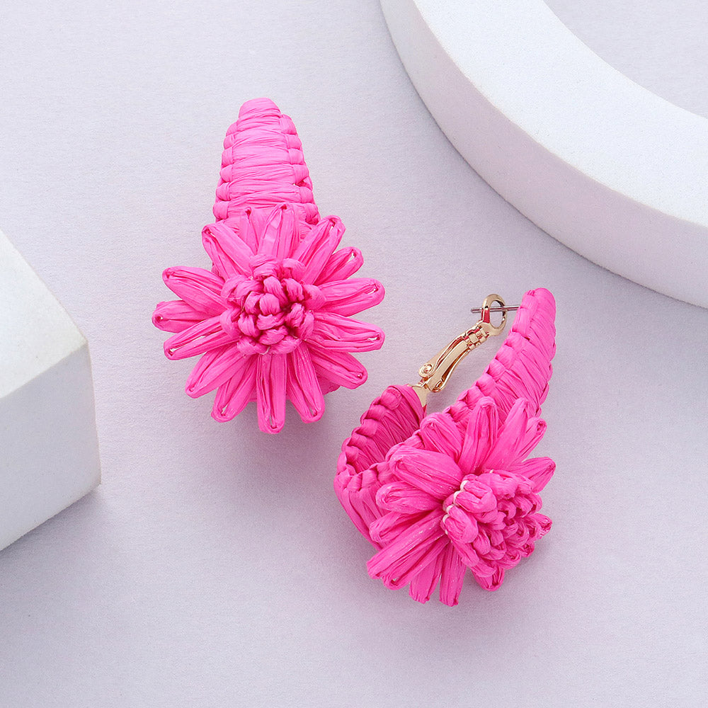 Fuchsia Raffia Wrapped Flower Fun Fashion Earrings | Outfit of Choice Earrings | 628544