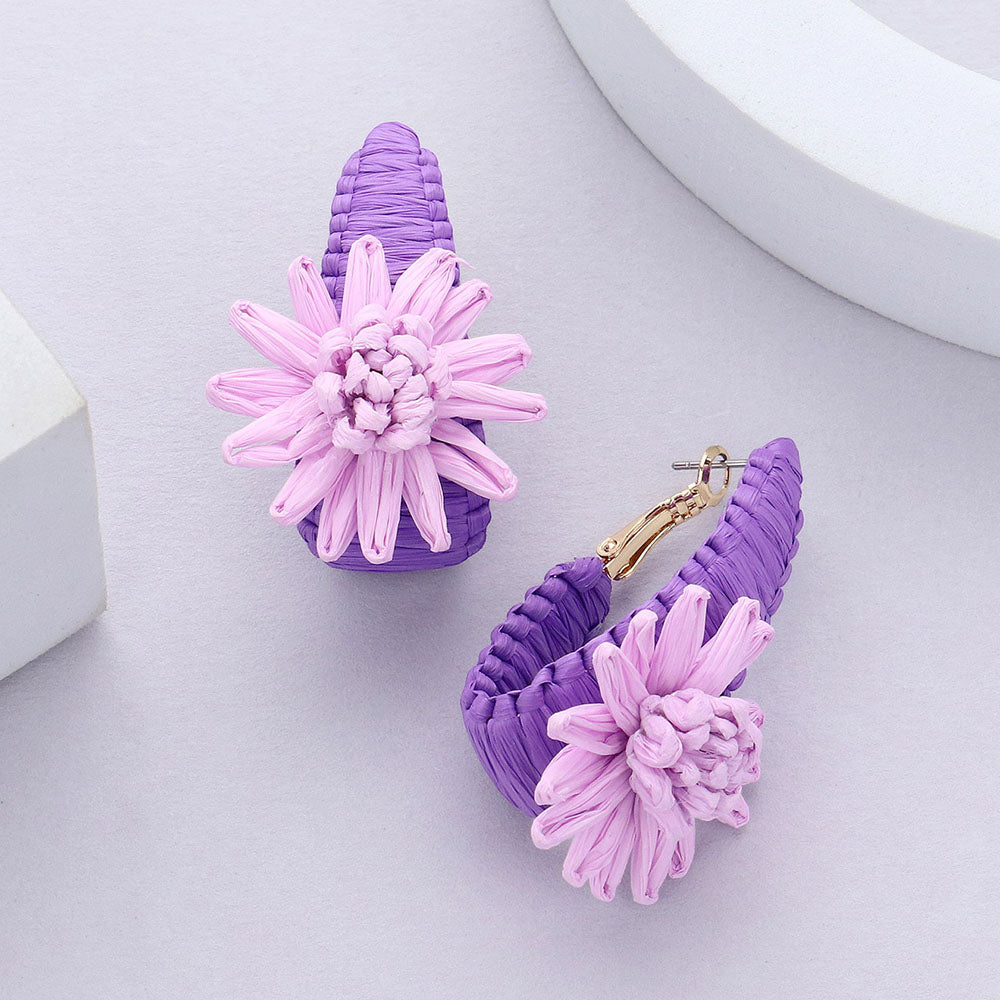 Purple Raffia Wrapped Flower Fun Fashion Earrings | Outfit of Choice Earrings