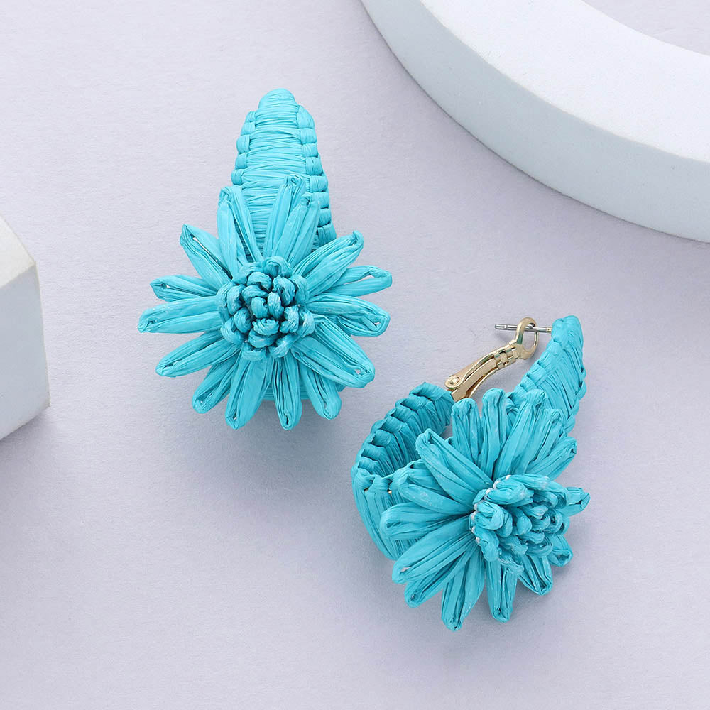 Turquoise Raffia Wrapped Flower Fun Fashion Earrings | Outfit of Choice Earrings