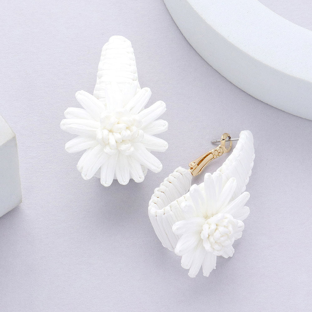 White Raffia Wrapped Flower Fun Fashion Earrings | Outfit of Choice Earrings