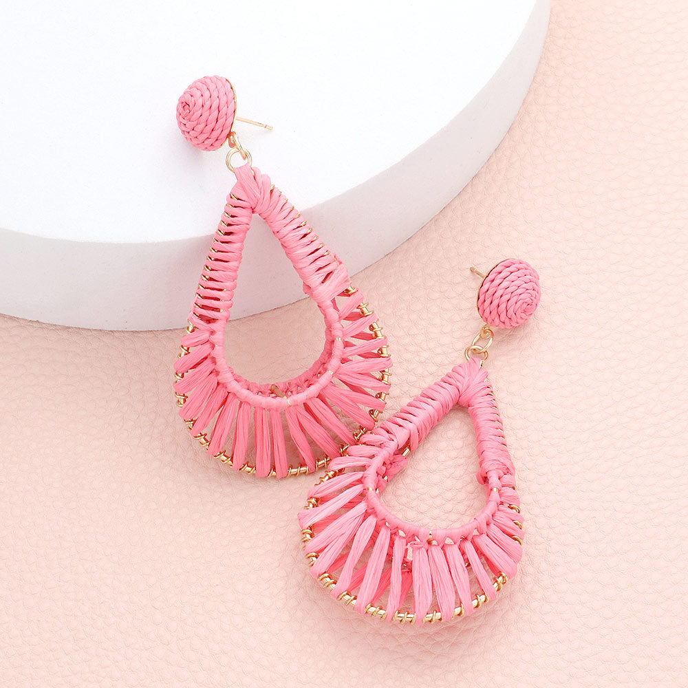 Pink Raffia Wrapped Open Teardrop Fun Fashion Earrings | Runway Earrings
