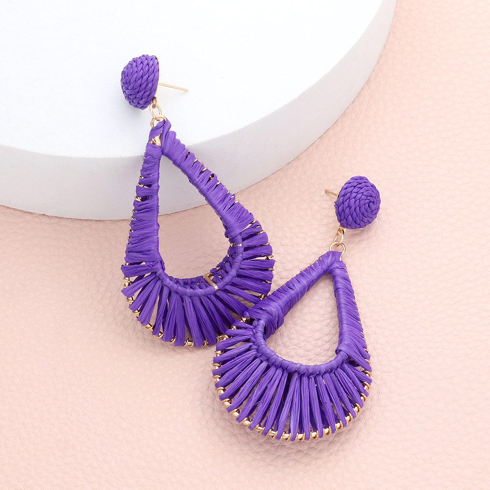 Purple Raffia Wrapped Open Teardrop Fun Fashion Earrings | Runway Earrings