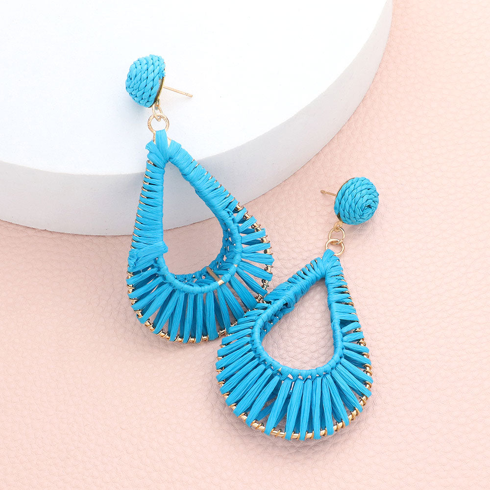 Turquoise Raffia Wrapped Open Teardrop Fun Fashion Earrings | Runway Earrings