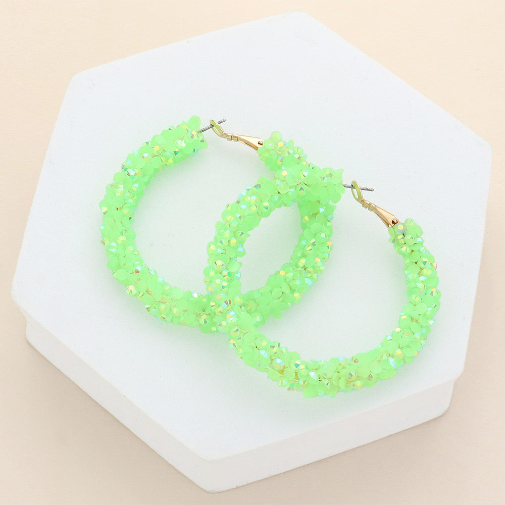 Light Green Beaded Hoop Earrings | 2.25" | Fun Fashion Jewelry