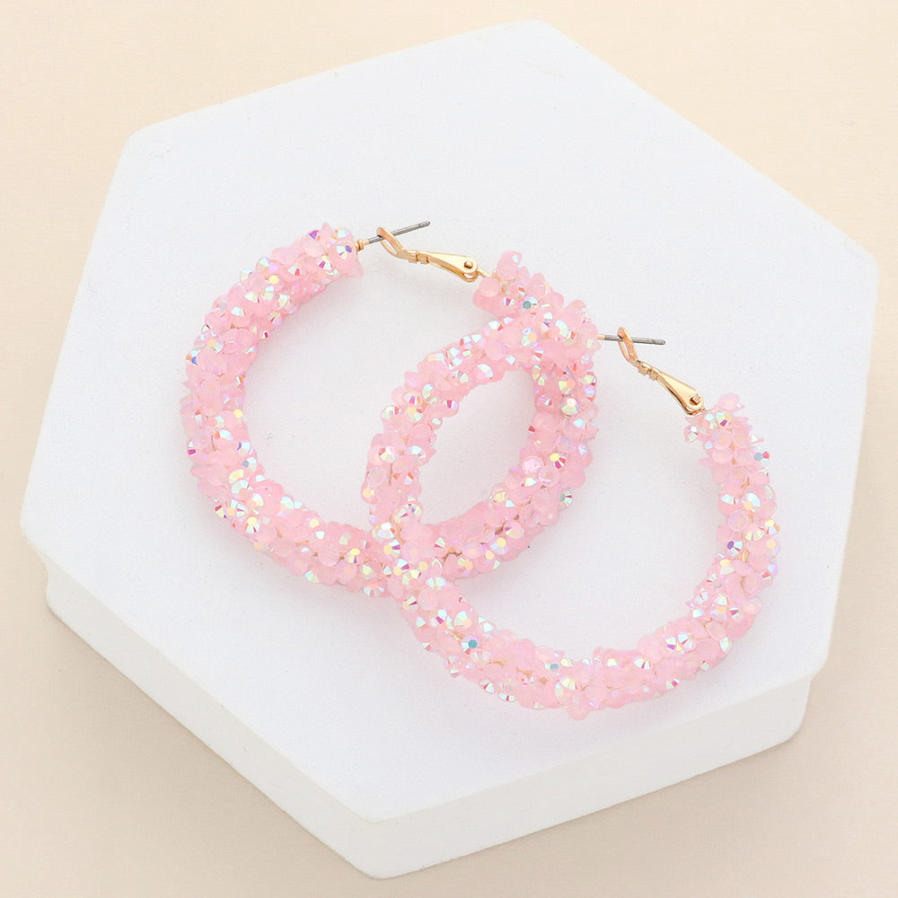 Pastel Pink Beaded Hoop Earrings | 2.25" | Fun Fashion Jewelry