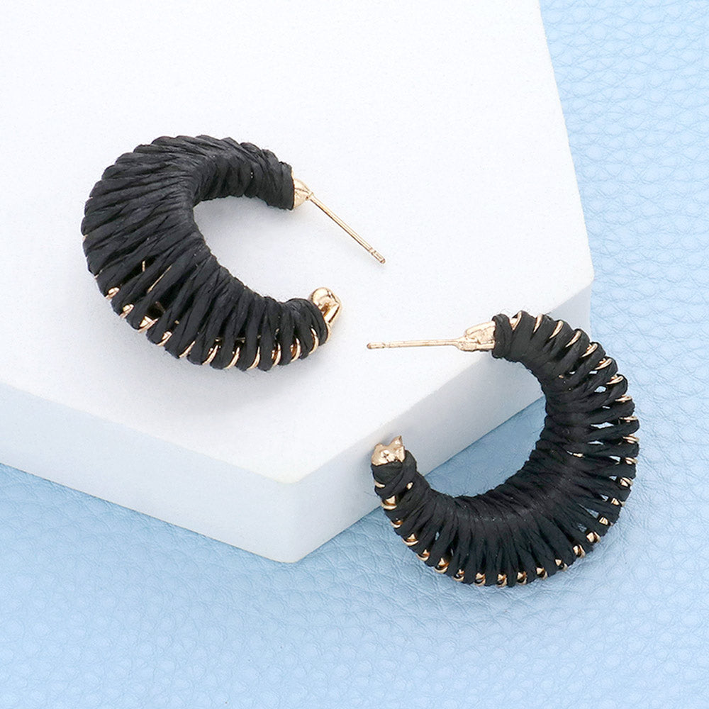 Small Black Raffia Wrapped Fun Fashion Earrings | Small Headshot Earrings