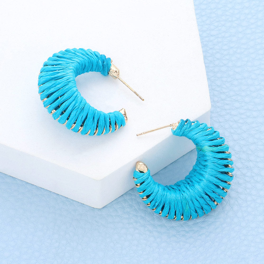 Small Blue Raffia Wrapped Fun Fashion Earrings | Small Headshot Earrings