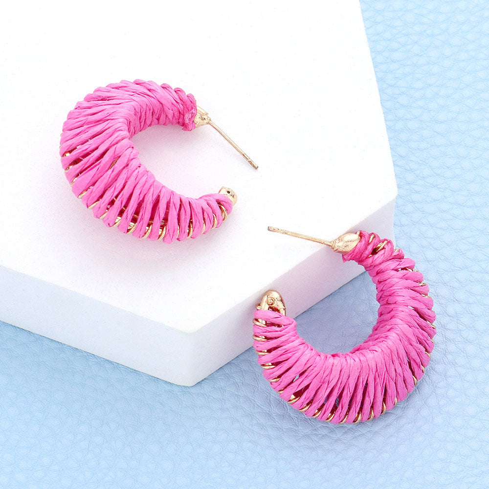 Small Fuchsia Raffia Wrapped Fun Fashion Earrings | Small Headshot Earrings