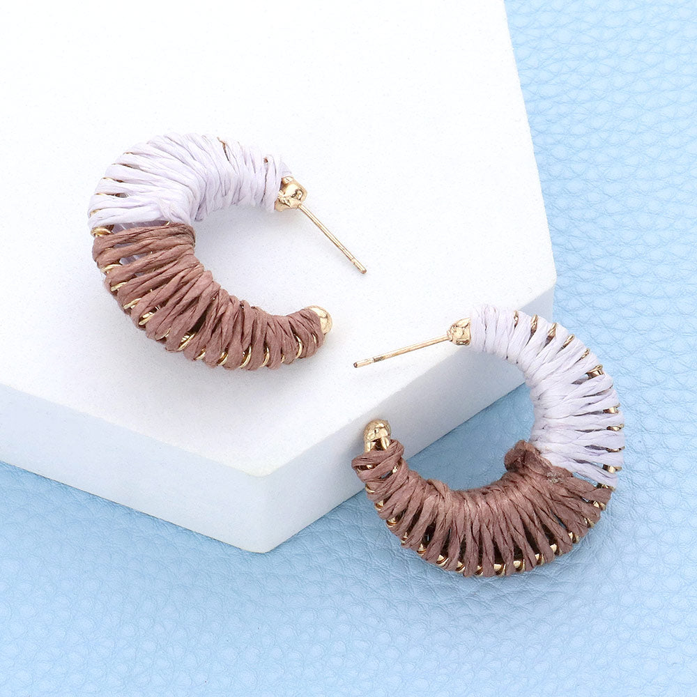 Small Brown/White Raffia Wrapped Fun Fashion Earrings | Small Headshot Earrings | 597622