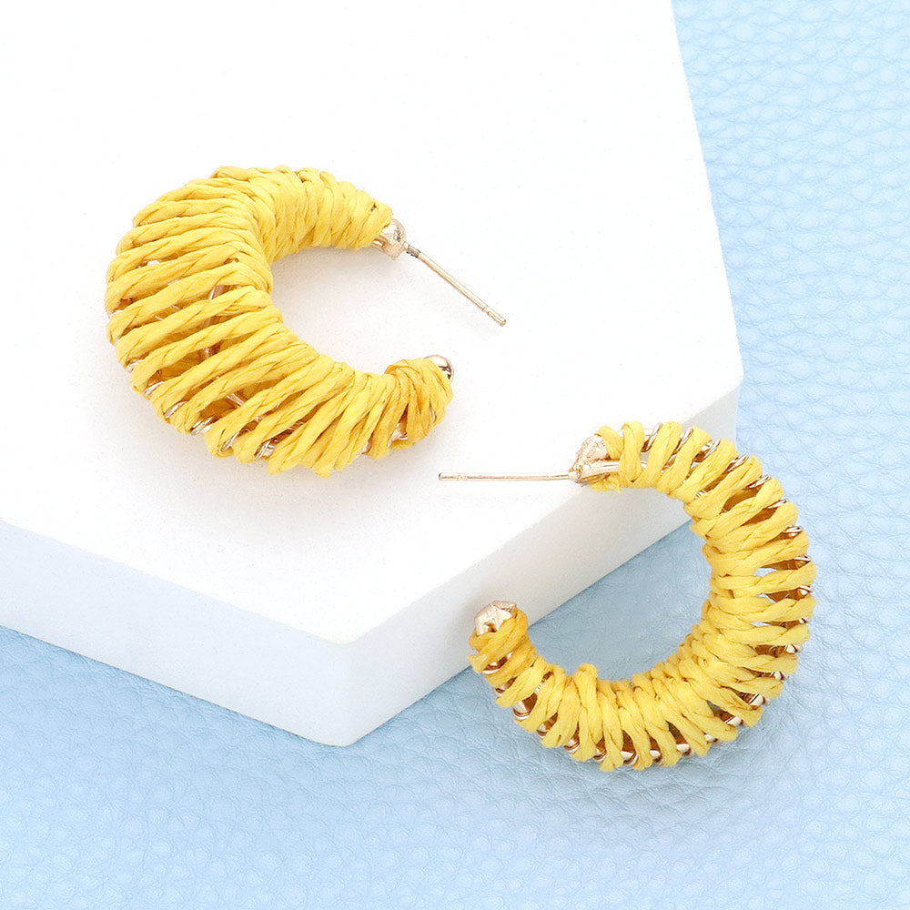 Small Mustard Raffia Wrapped Fun Fashion Earrings | Small Headshot Earrings
