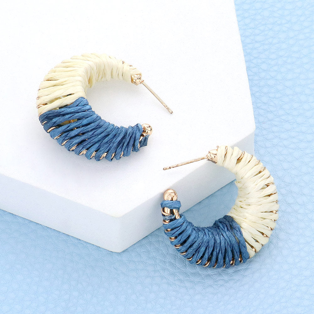 Small Blue/White Raffia Wrapped Fun Fashion Earrings | Small Headshot Earrings