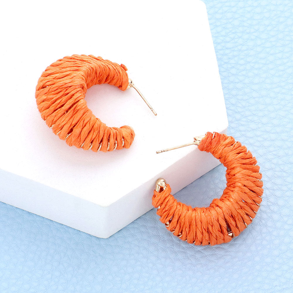 Small Orange Raffia Wrapped Fun Fashion Earrings | Small Headshot Earrings | 597625