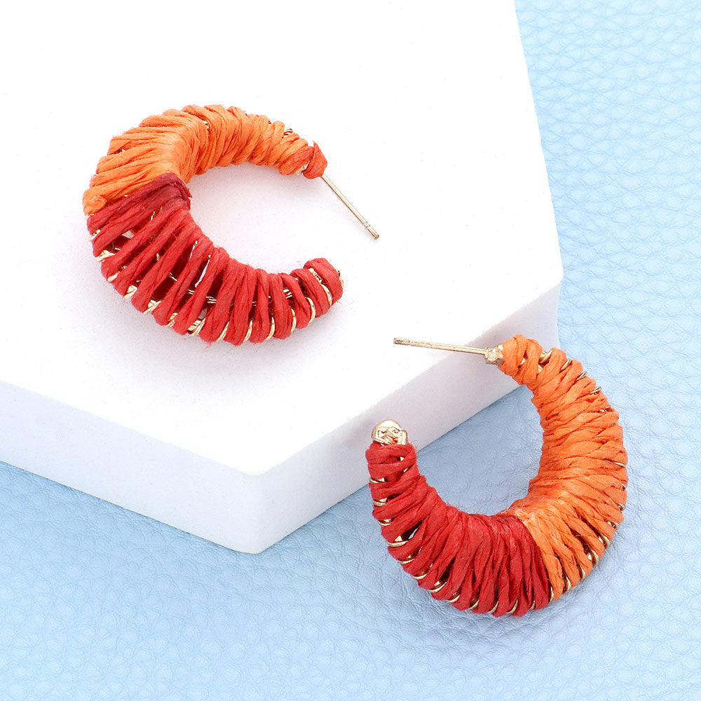 Small Red/Orange Raffia Wrapped Fun Fashion Earrings | Small Headshot Earrings