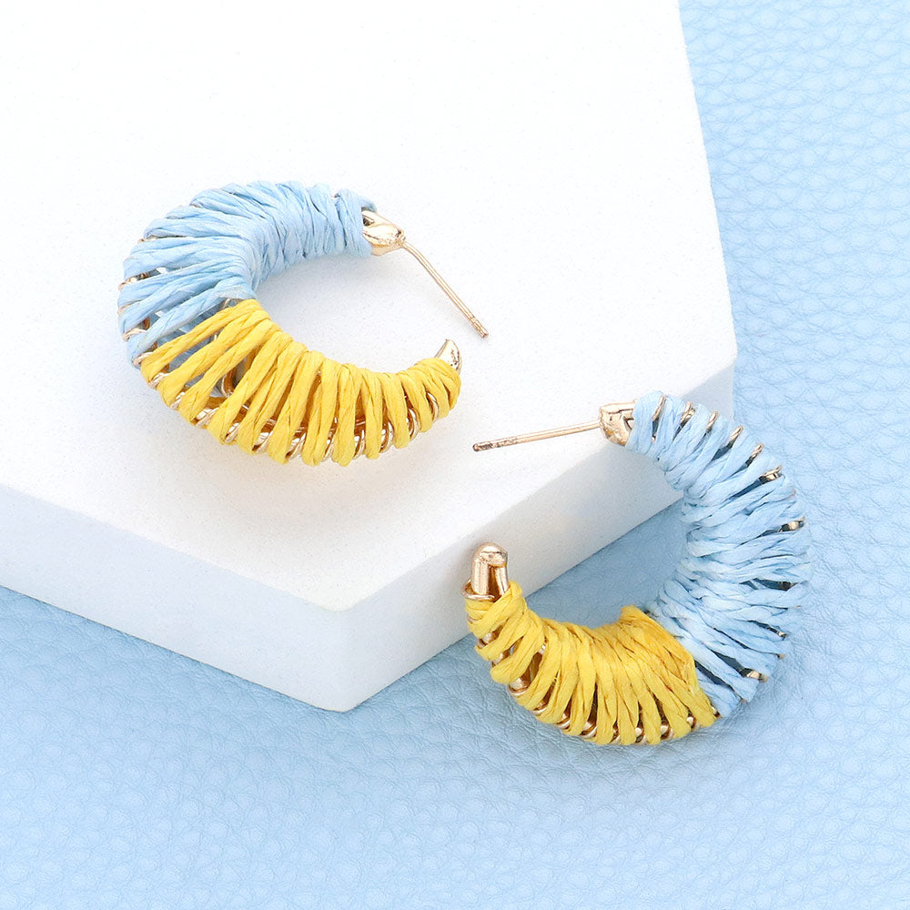 Small Blue/Yellow Raffia Wrapped Fun Fashion Earrings | Small Headshot Earrings